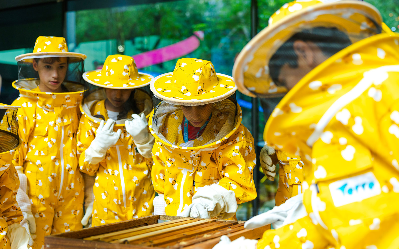 Beekeeping workshop at Terra, Expo City Dubai with participants in protective gear.