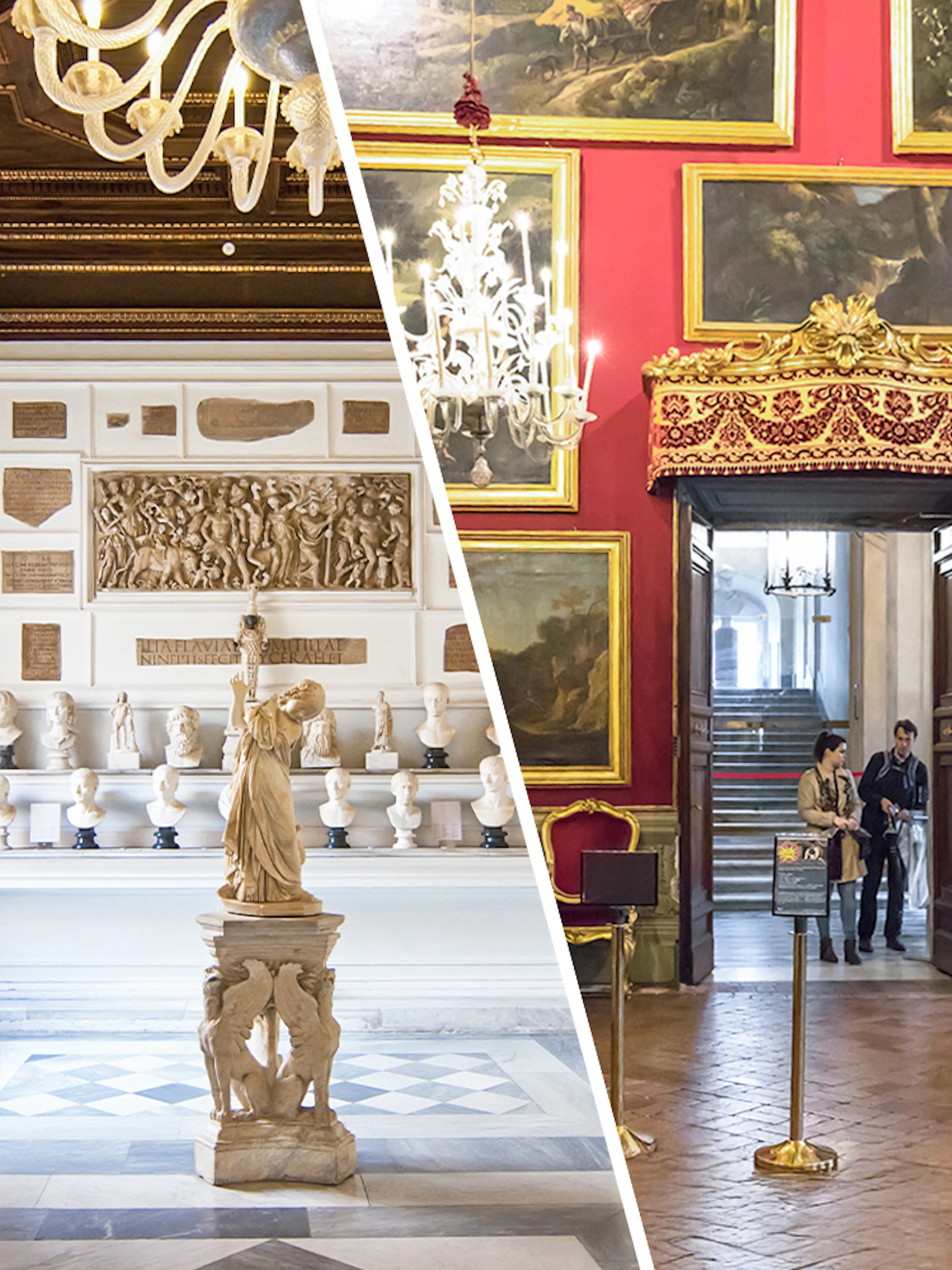 Busts and sculptures in Musei Capitolini, ornate room in Doria Pamphilj, Rome.