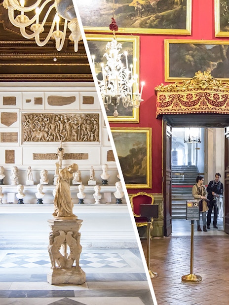 Busts and sculptures in Musei Capitolini, ornate room in Doria Pamphilj, Rome.