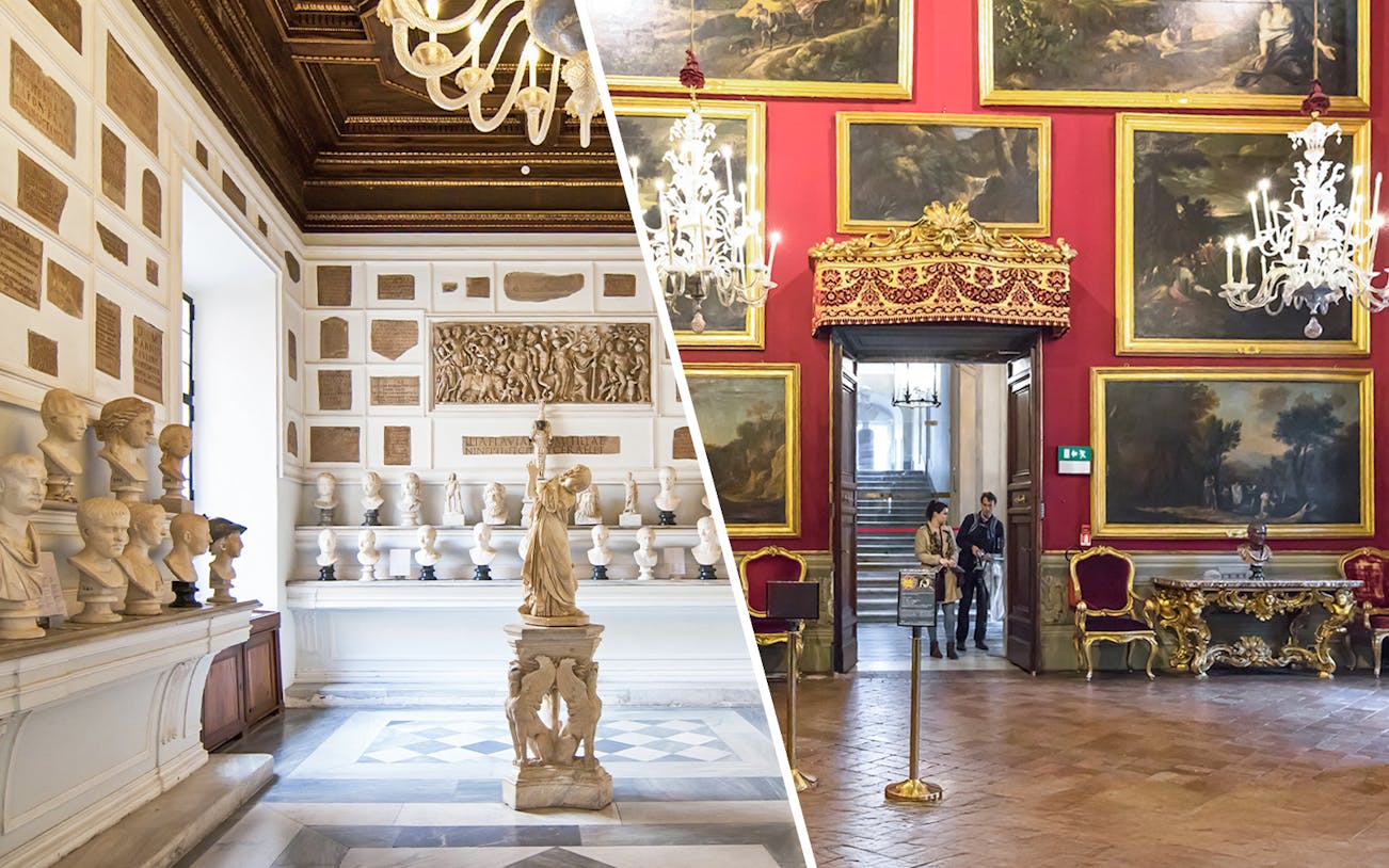 Busts and sculptures in Musei Capitolini, ornate room in Doria Pamphilj, Rome.