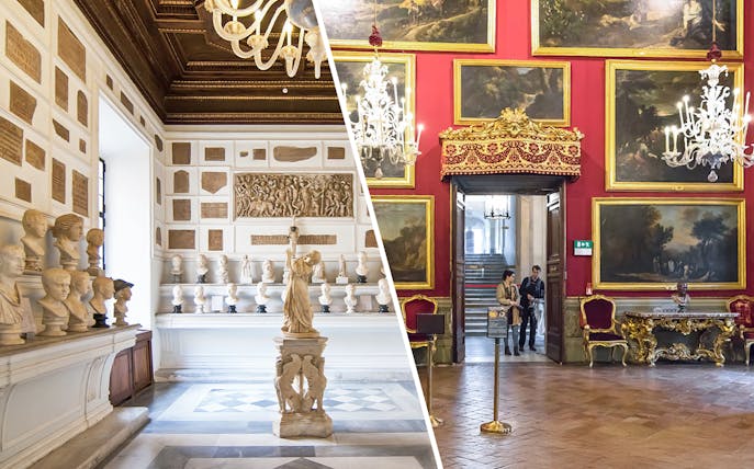 Busts and sculptures in Musei Capitolini, ornate room in Doria Pamphilj, Rome.