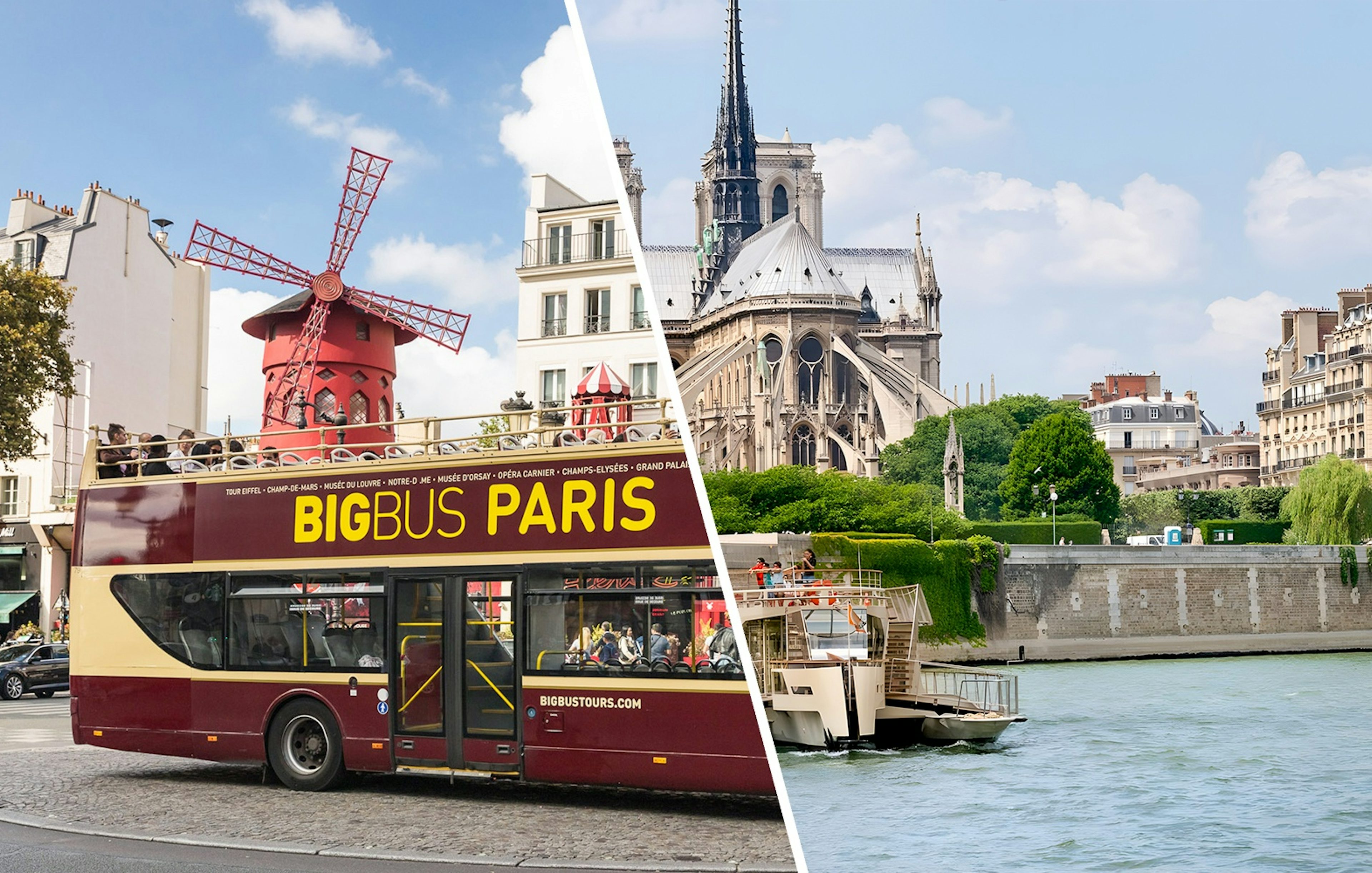 Seine River cruise boat near Notre-Dame Cathedral and Paris sightseeing bus by Moulin Rouge.
