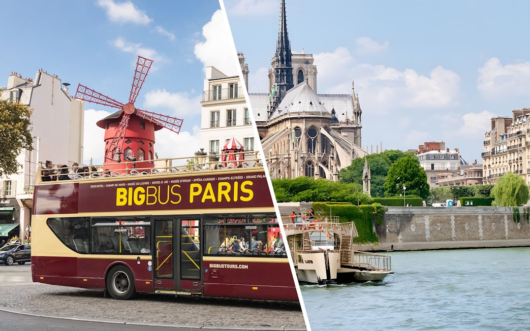 Seine River cruise boat near Notre-Dame Cathedral and Paris sightseeing bus by Moulin Rouge.