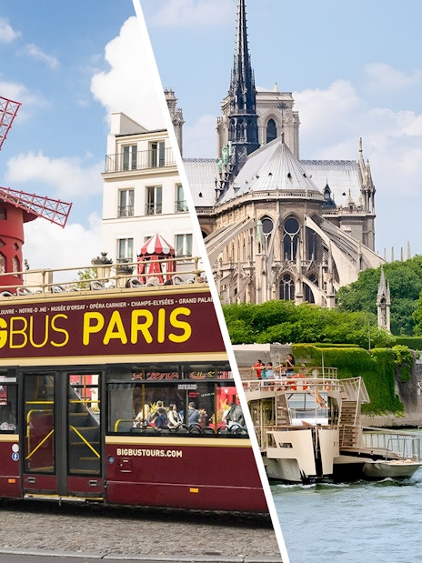 Seine River cruise boat near Notre-Dame Cathedral and Paris sightseeing bus by Moulin Rouge.