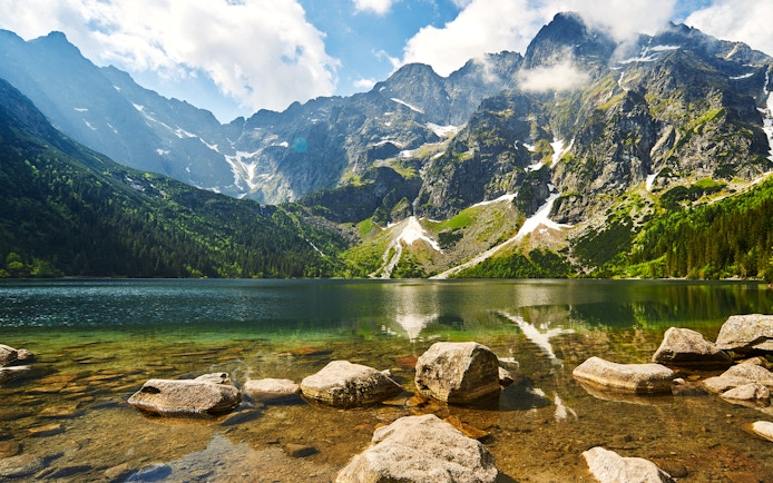 Morskie Oko Lake with Tatra Mountains in the background, Poland.