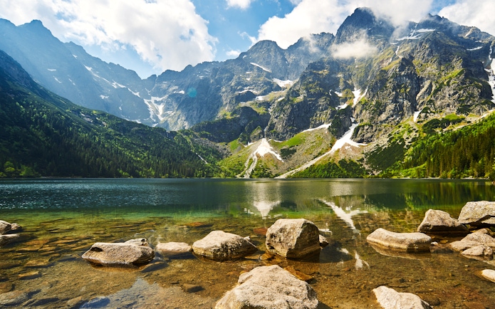 Morskie Oko Lake with Tatra Mountains in the background, Poland.