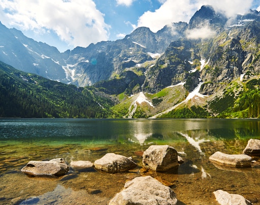 Morskie Oko Lake with Tatra Mountains in the background, Poland.