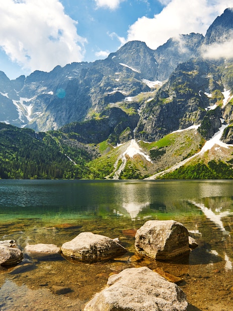 Morskie Oko Lake with Tatra Mountains in the background, Poland.