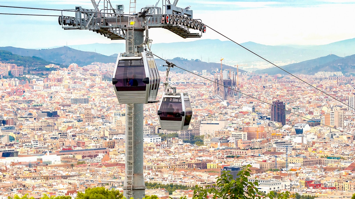 Cable car ascending Montjuic Hill with view of Sagrada Familia in back