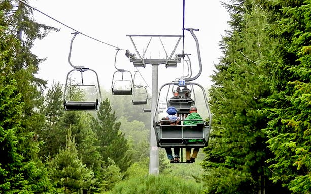 Chairlift ascending through forest during Rila Monastery and Seven Rila Lakes tour.