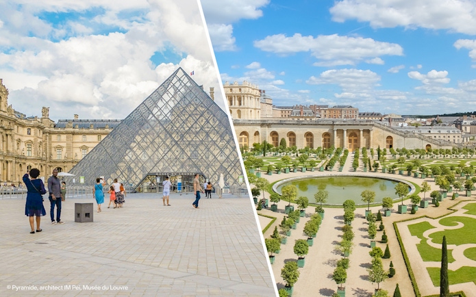 Louvre Museum glass pyramid entrance and Versailles Palace gardens in Paris, France.