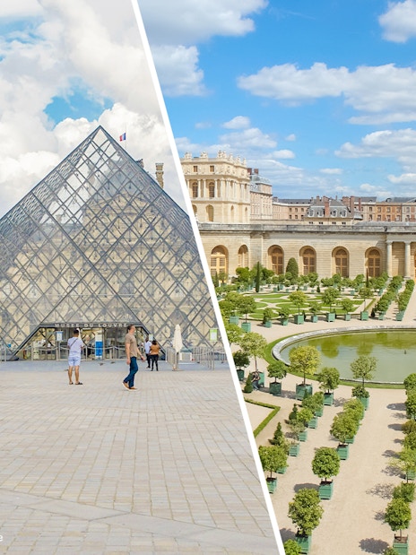 Louvre Museum glass pyramid entrance and Versailles Palace gardens in Paris, France.