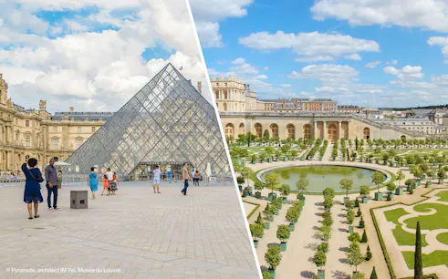 Louvre Museum glass pyramid entrance and Versailles Palace gardens in Paris, France.