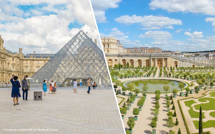 Louvre Museum glass pyramid entrance and Versailles Palace gardens in Paris, France.