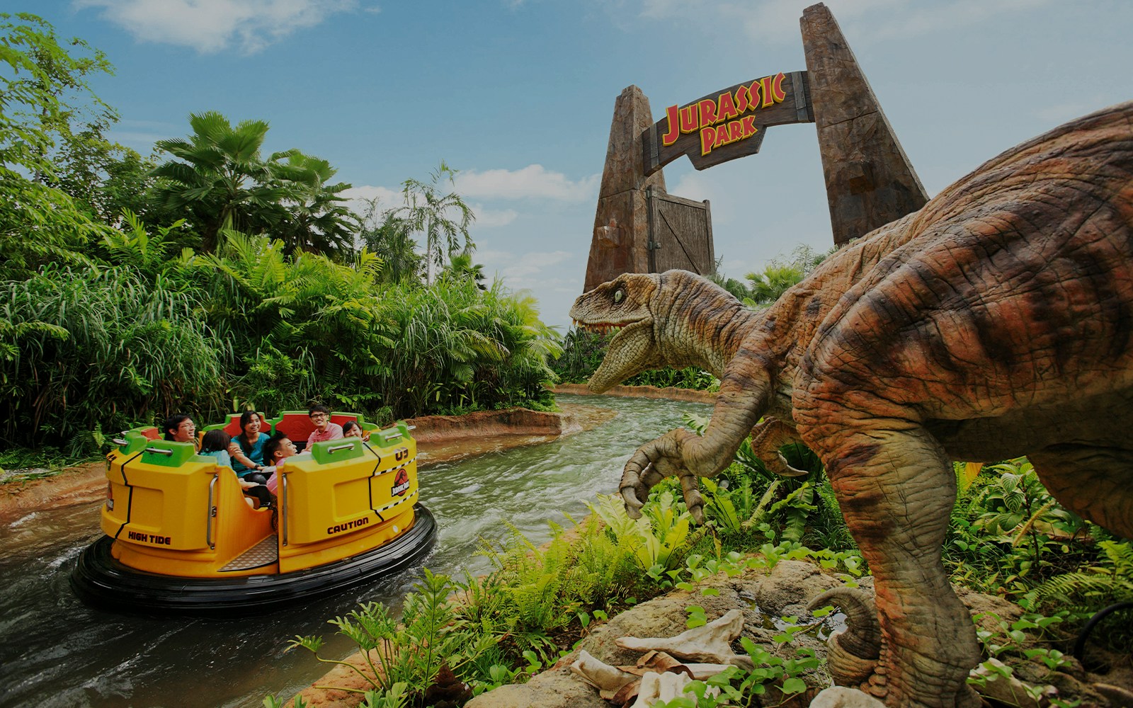 Jurassic Park Rapids Adventure ride at Universal Studios Singapore with dinosaur-themed water rapids.