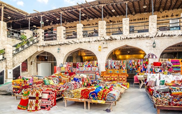Carpet market display in Souq Waqif, Doha, Qatar.