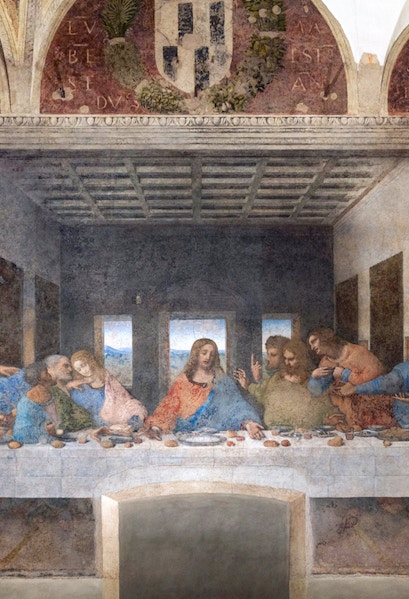 Leonardo da Vinci's Last Supper mural in Milan, Italy, depicting Jesus and disciples.