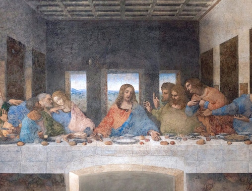 Leonardo da Vinci's Last Supper mural in Milan, Italy, depicting Jesus and disciples.