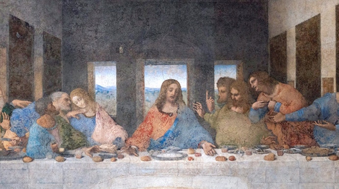 Leonardo da Vinci's Last Supper mural in Milan, Italy, depicting Jesus and disciples.