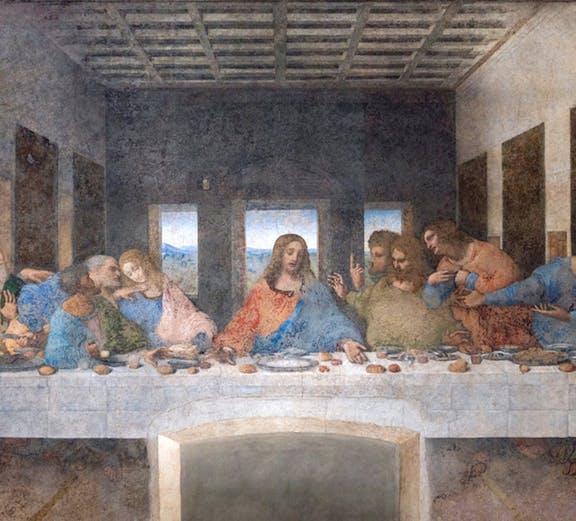 Leonardo da Vinci's Last Supper mural in Milan, Italy, depicting Jesus and disciples.