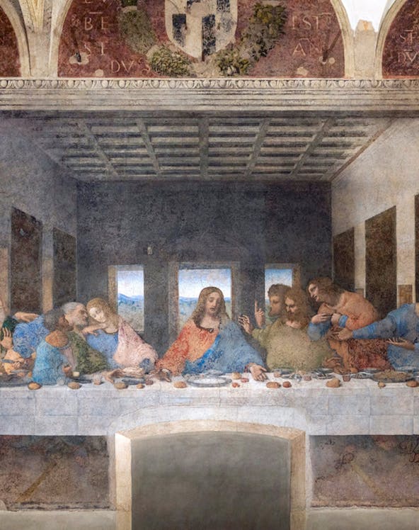 Leonardo da Vinci's Last Supper mural in Milan, Italy, depicting Jesus and disciples.