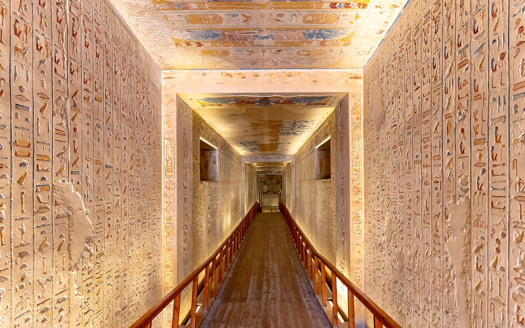 Corridor with hieroglyphs in the tomb of Ramesses IV, Valley of the Kings, Luxor, Egypt.