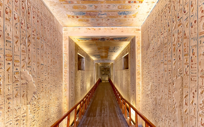 Corridor with hieroglyphs in the tomb of Ramesses IV, Valley of the Kings, Luxor, Egypt.