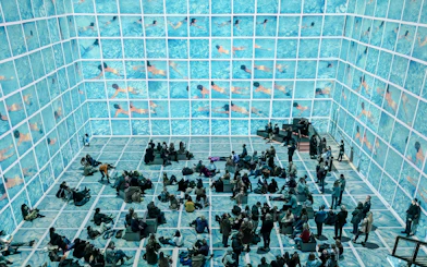 Visitors viewing immersive David Hockney exhibition, "Bigger & Closer," with swimming pool visuals.