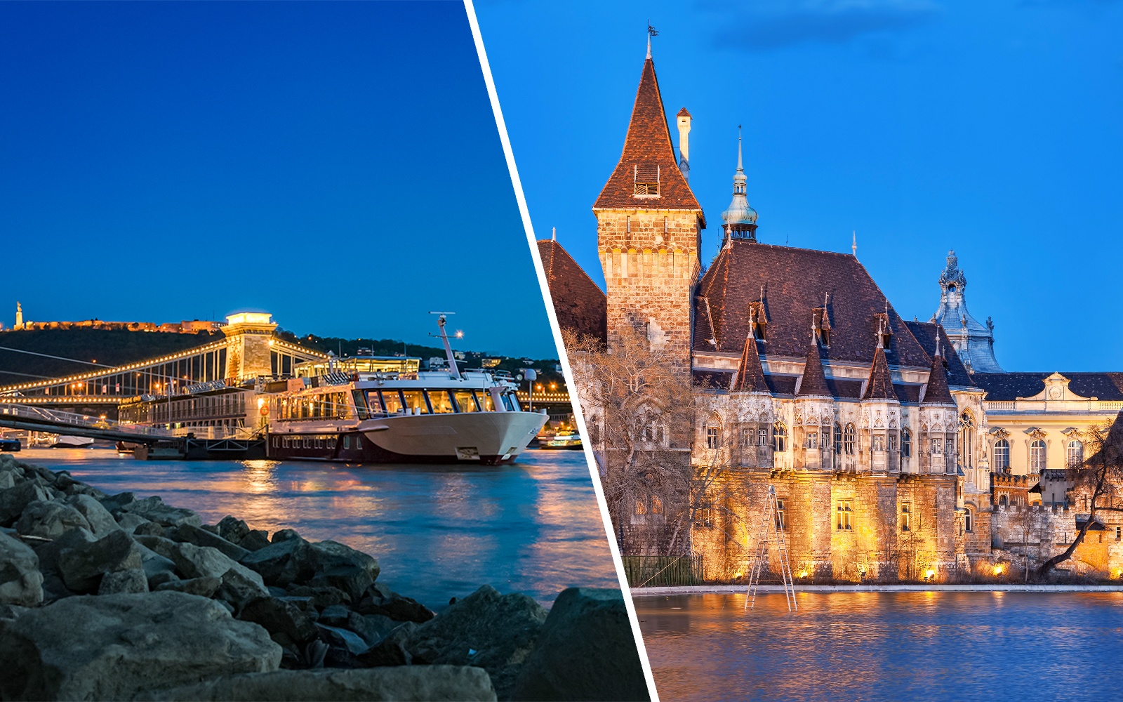 Danube River cruise at night and Vajdahunyad Castle in Budapest.