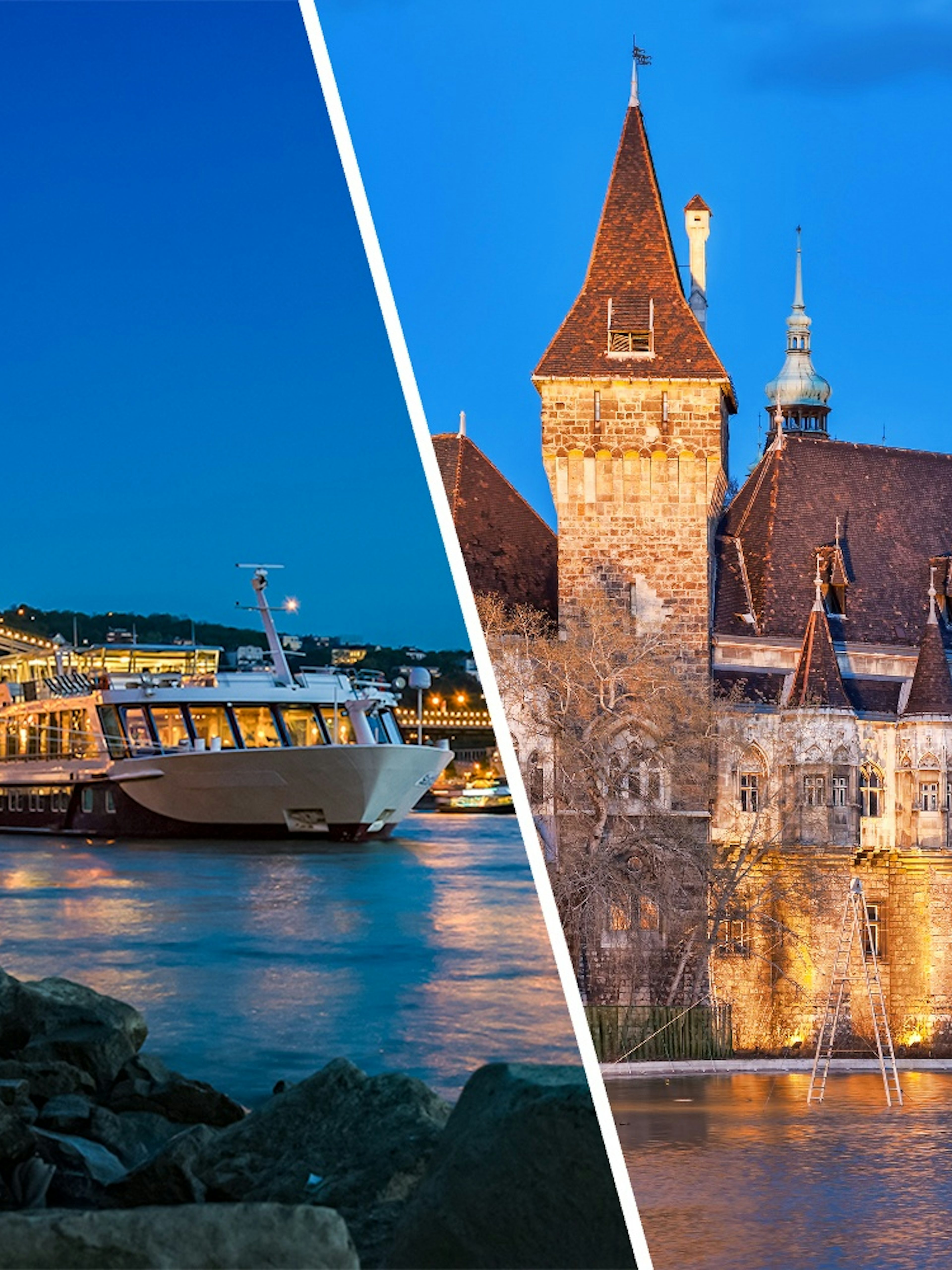 Danube River cruise at night and Vajdahunyad Castle in Budapest.