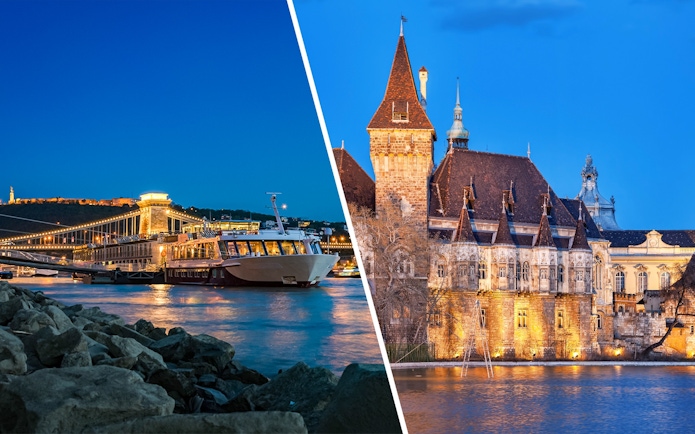 Danube River cruise at night and Vajdahunyad Castle in Budapest.