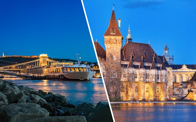 Danube River cruise at night and Vajdahunyad Castle in Budapest.
