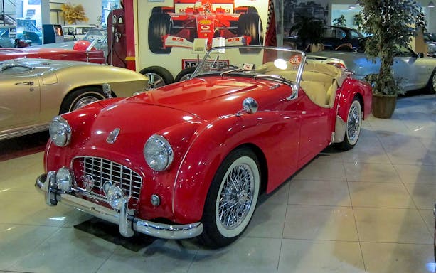 Red vintage convertible car at Malta Classic Car Collection Museum.