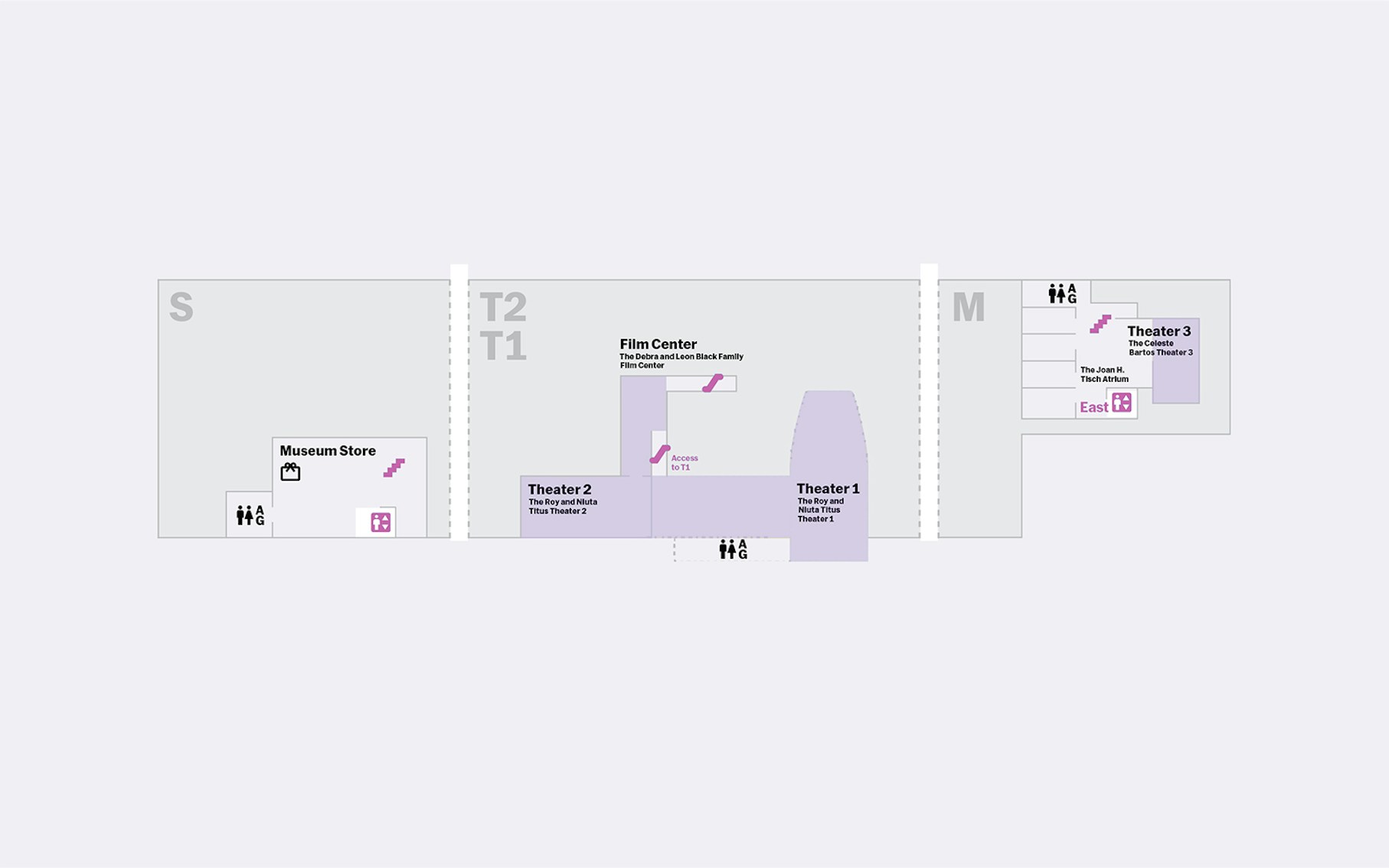 MoMA lower levels map showing theaters, film center, and museum store locations.