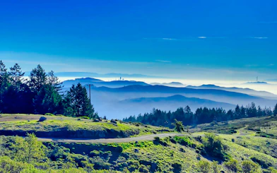 Rolling hills and distant mountains in Marin County, California.