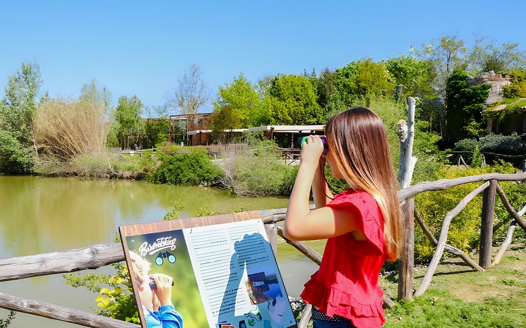 Tourist using binoculars at Oltremare park viewing area.
