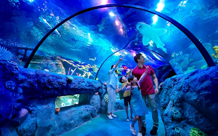 Family exploring ocean tunnel at Sea Life Aquarium, Legoland Malaysia.