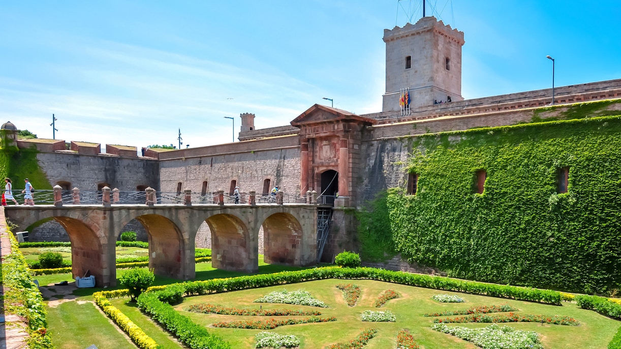 Fortress of Montjuic with stone bridge and gardens, Barcelona, Spain.