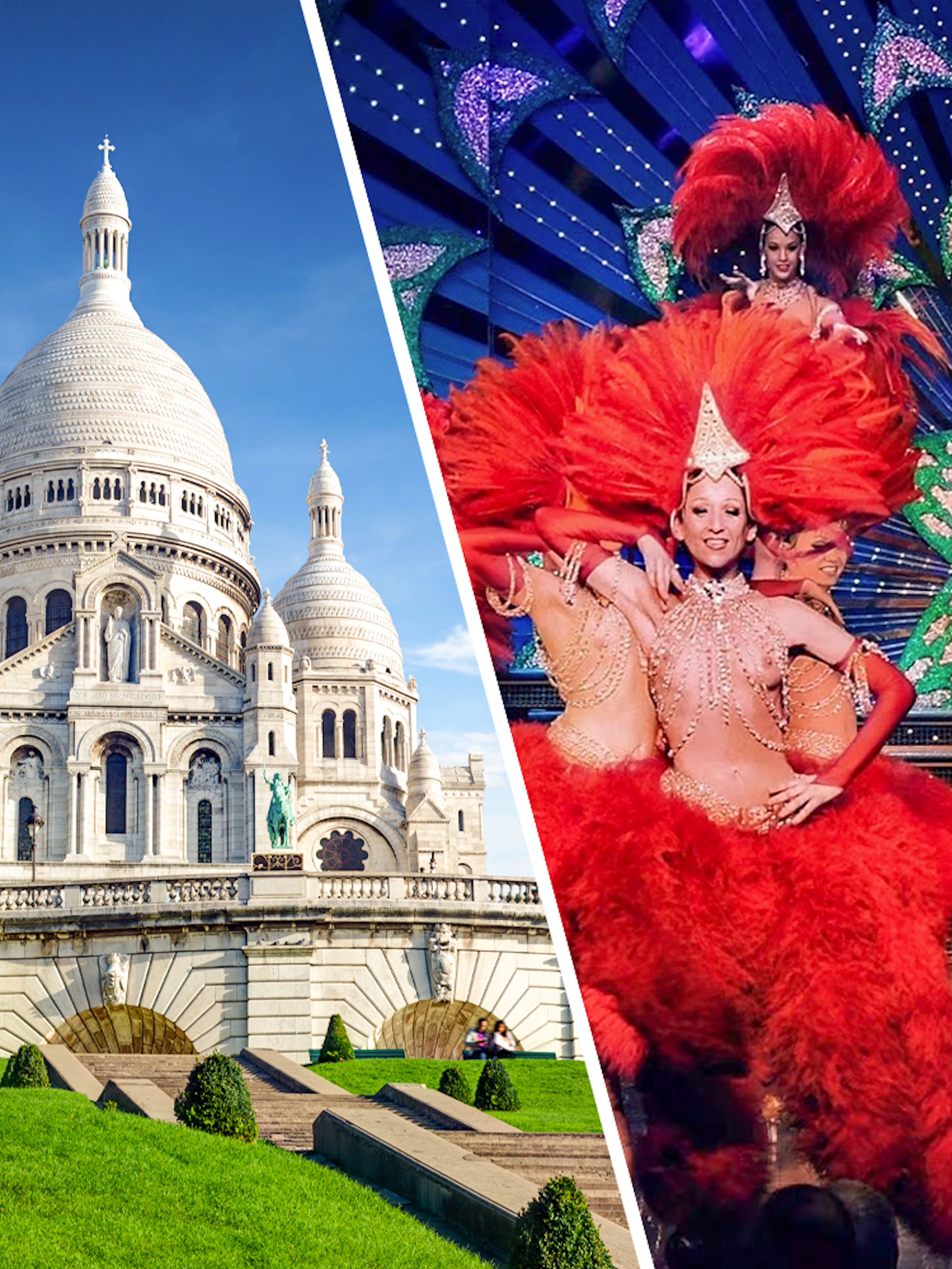 Sacre-Coeur Basilica and Paris cabaret dancers in vibrant costumes.