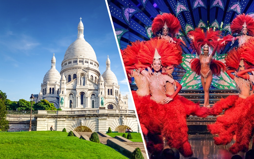 Sacre-Coeur Basilica and Paris cabaret dancers in vibrant costumes.