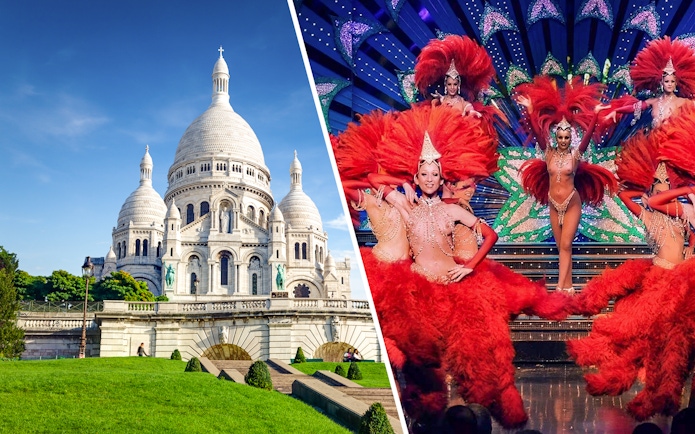 Sacre-Coeur Basilica and Paris cabaret dancers in vibrant costumes.