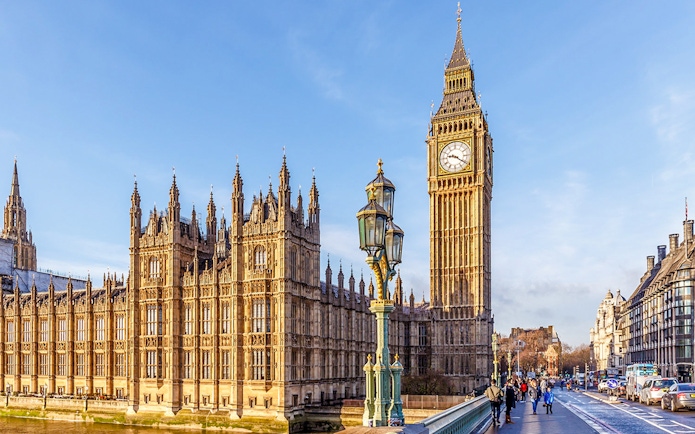 Big Ben and Houses of Parliament viewed from Westminster Bridge, London.