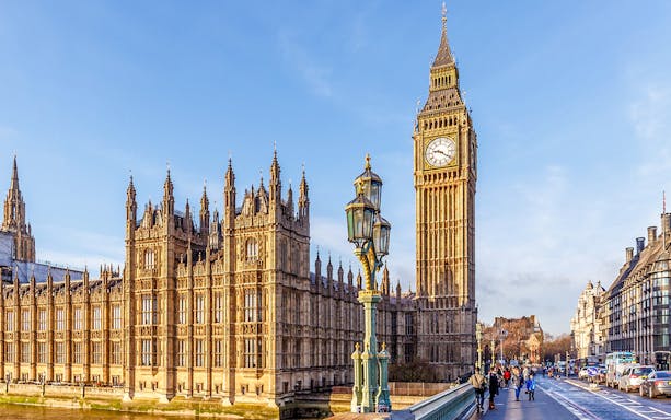 Big Ben and Houses of Parliament viewed from Westminster Bridge, London.