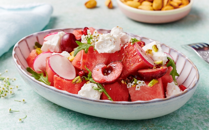 Watermelon and feta salad with cherries and radishes at Ariana's Persian Kitchen.
