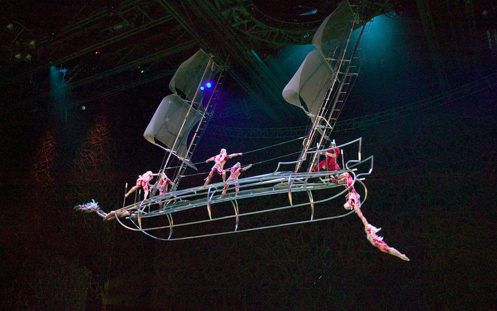 Acrobats performing on a ship set in Cirque du Soleil's "O" show in Las Vegas.