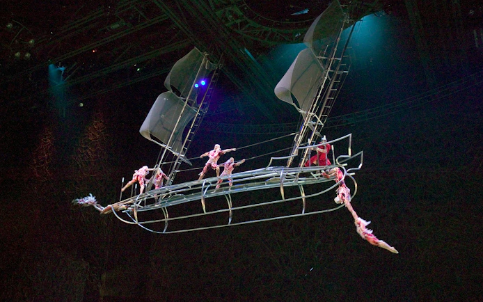 Acrobats performing on a ship set in Cirque du Soleil's "O" show in Las Vegas.