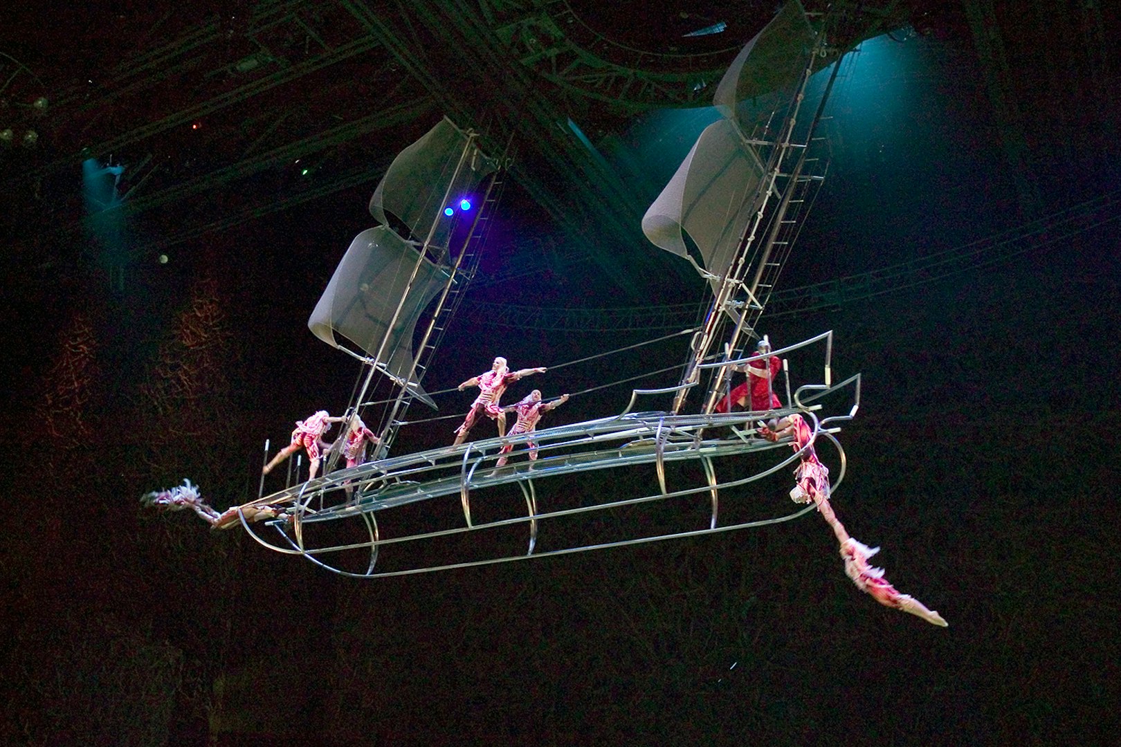Acrobats performing on a ship set in Cirque du Soleil's "O" show in Las Vegas.