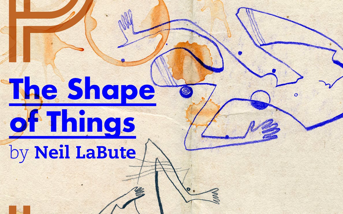 The Shape of Things" text with abstract blue and orange line art.