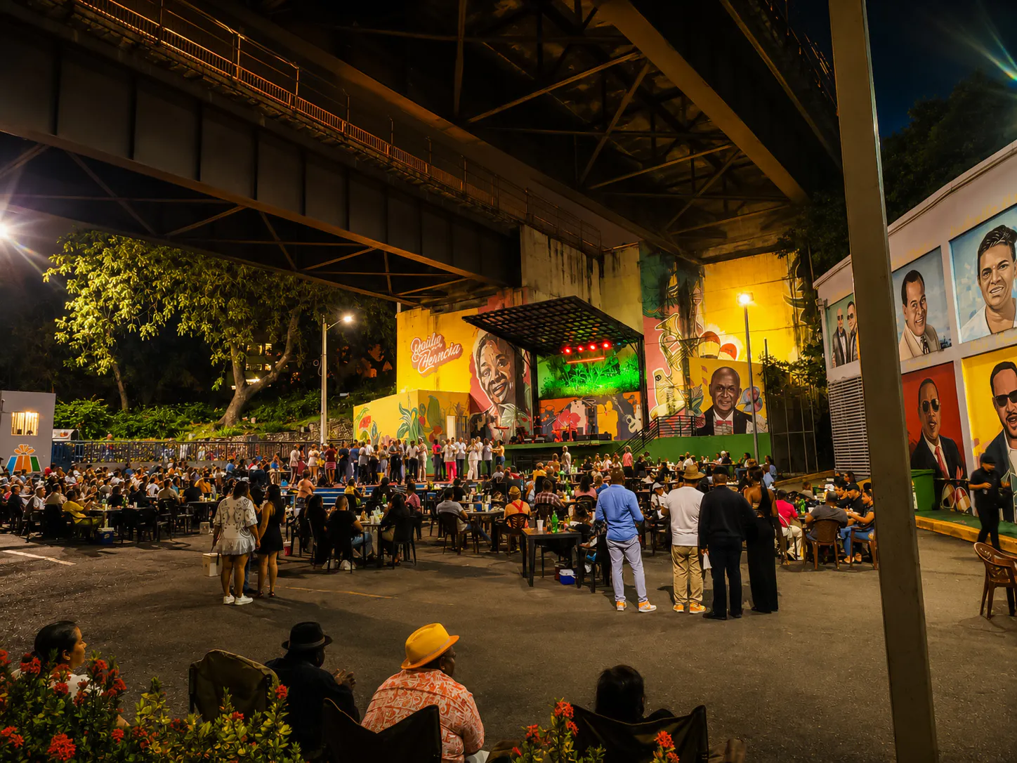 Outdoor live music event under bridge with audience and colorful murals in Santo Domingo, Punta Cana.