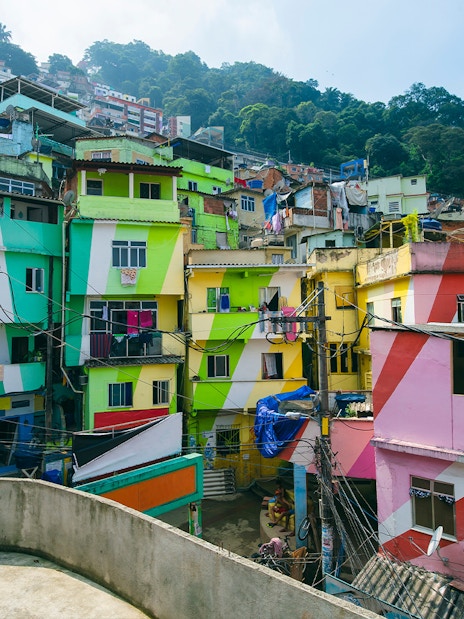 Colorful painted buildings in Favela Santa Marta, Rio de Janeiro, Brazil.